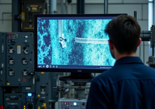 A technician viewing a screen showing a sewer camera feed.