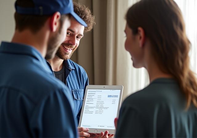A customer smiling while reviewing a transparent quote on a tablet with a plumber.
