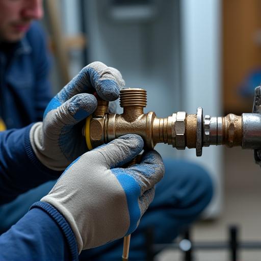 A technician carefully working on a gas line connection.