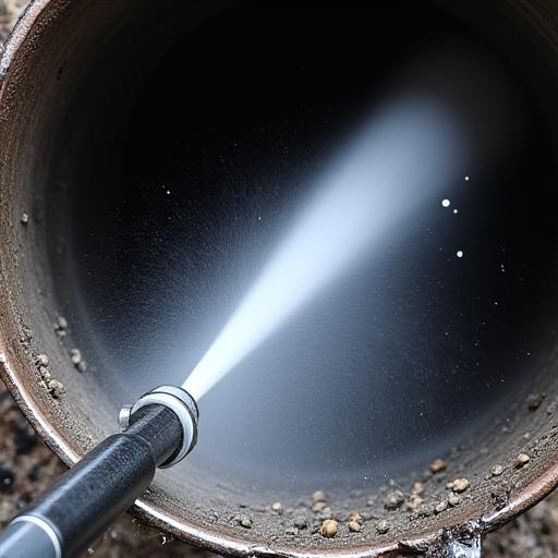 A high-pressure hydro-jetting nozzle cleaning a pipe.